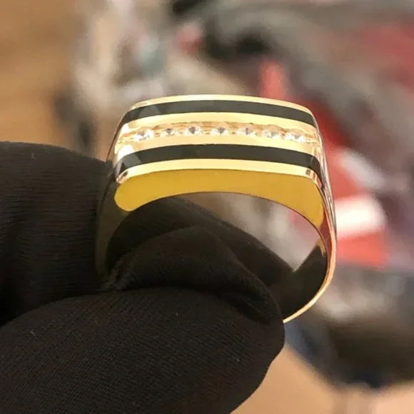 Men's Black Onyx Ring Round Real Solid 14K Yellow Gold Wedding Band